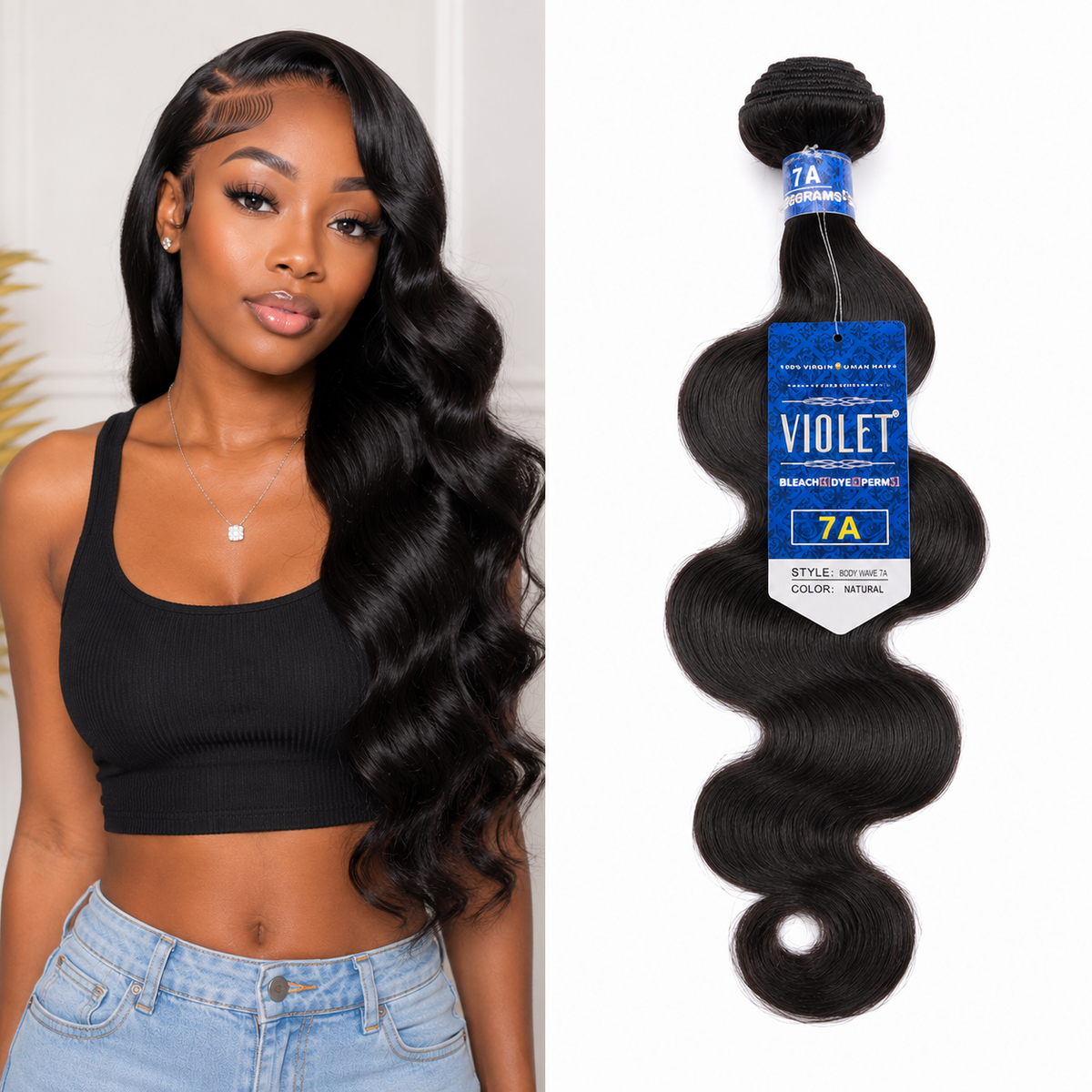 Violet 7A Brazilian Straight Human Hair Bundle, 1 Piece, Natural Black
